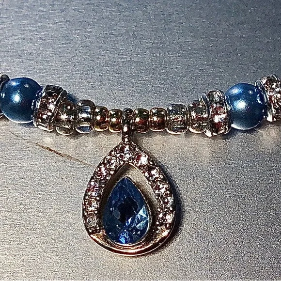 HAND CRAFTED Silver Gold Blue rhinestone pendant necklace Upcycled Vintage - Picture 1 of 6